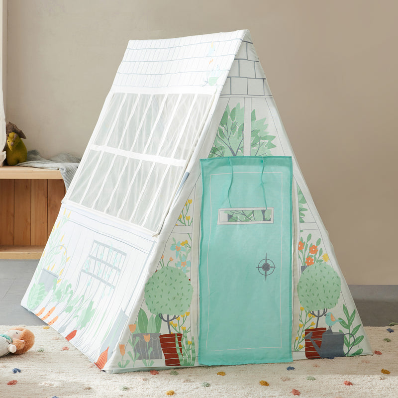 Children’s greenhouse play tent with white mesh panels, plant prints, and teal front door