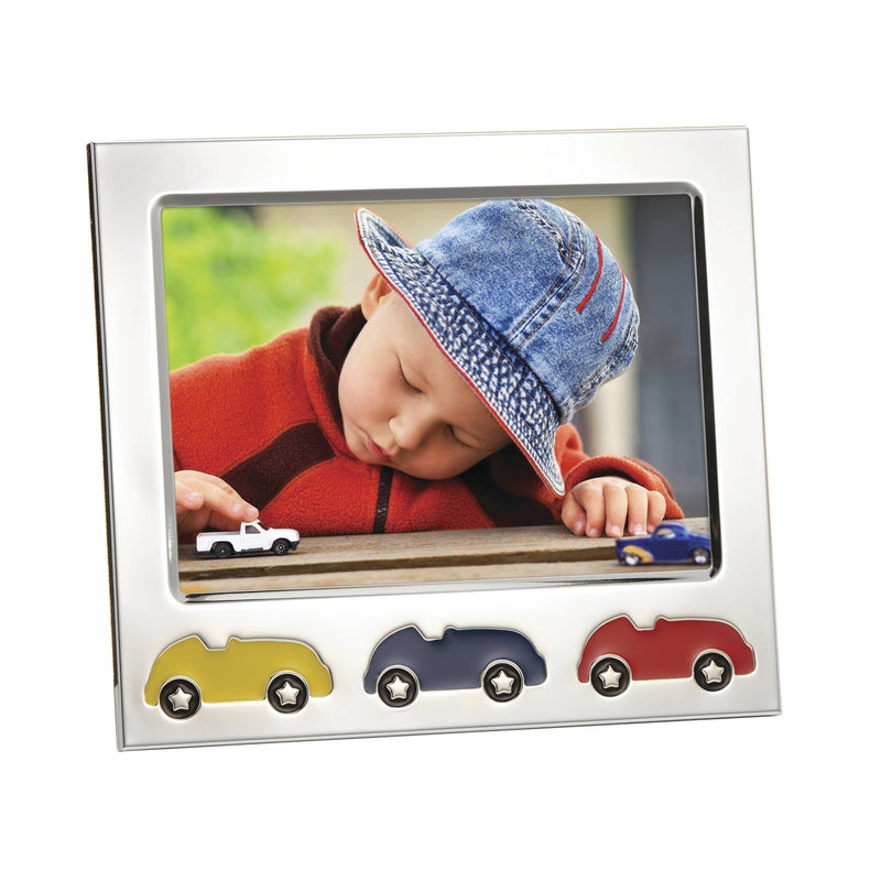 Silver-plated race car photo frame (5x7) with three car-themed nameplates