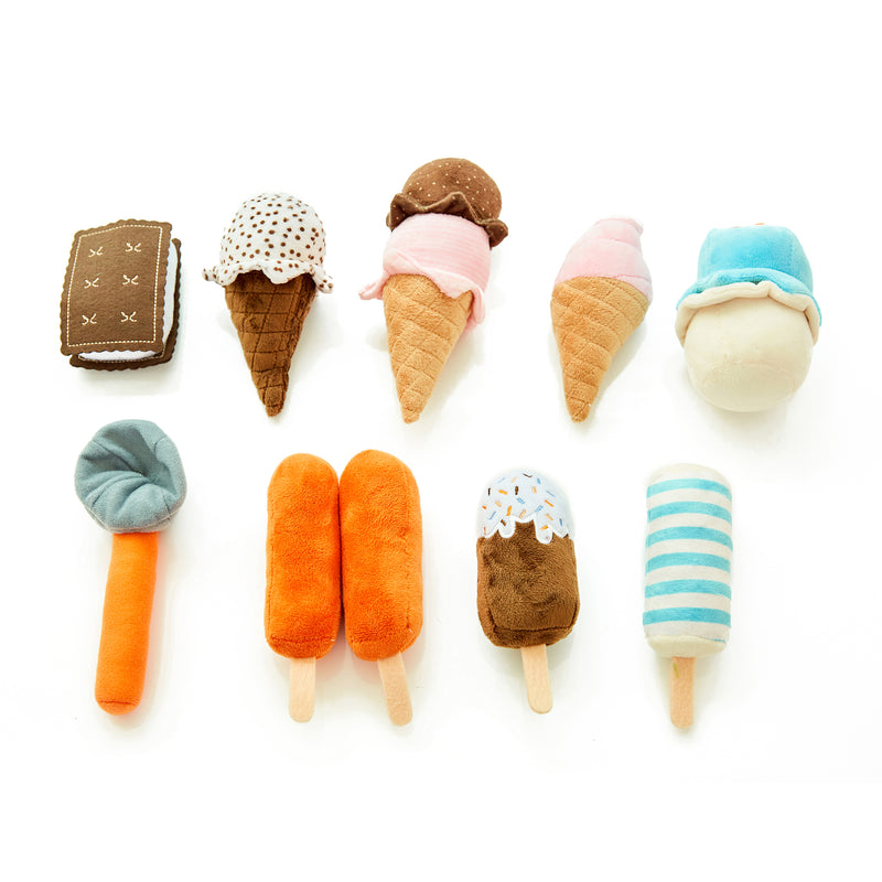 Child's plush ice cream play food set with assorted cones and popsicle shapes