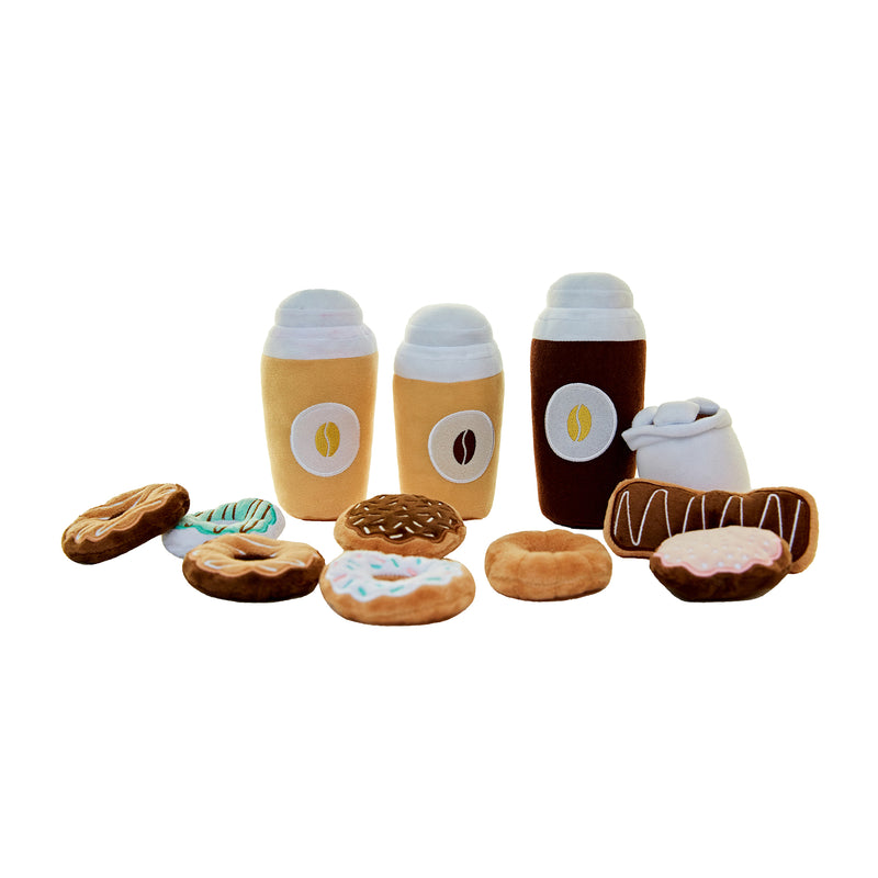 Kids coffee and donut play food set with three drink cups and mixed donut pastries
