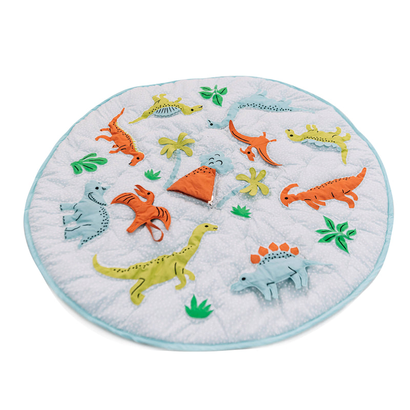 Round baby activity mat with colorful dinosaur prints and mint-blue fabric border