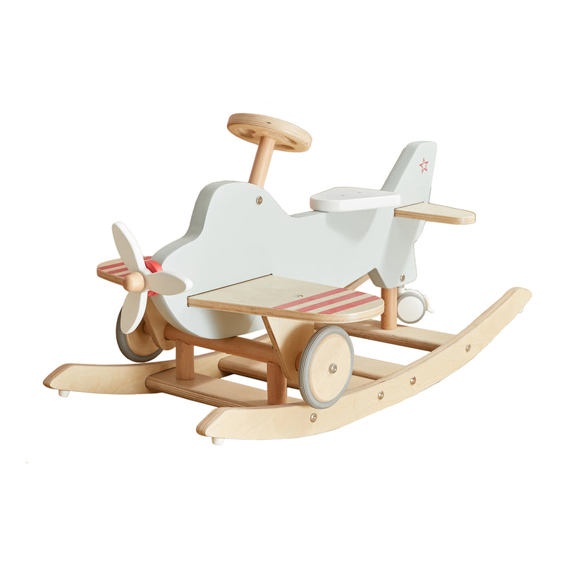 Kids wooden airplane rocker toy with white body, red striped details, and rocking base