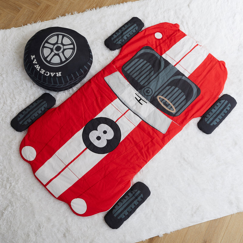 Kids red race car sleeping bag with quilted design and large car wheel applique