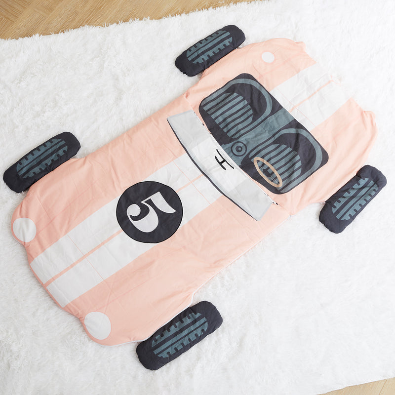 Children's pink race car sleeping bag with dark wheels and number graphic