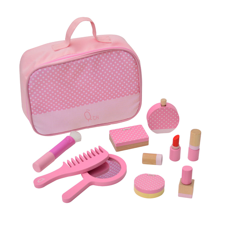 Kids wooden makeup set with pink polka-dot case and pretend makeup accessories