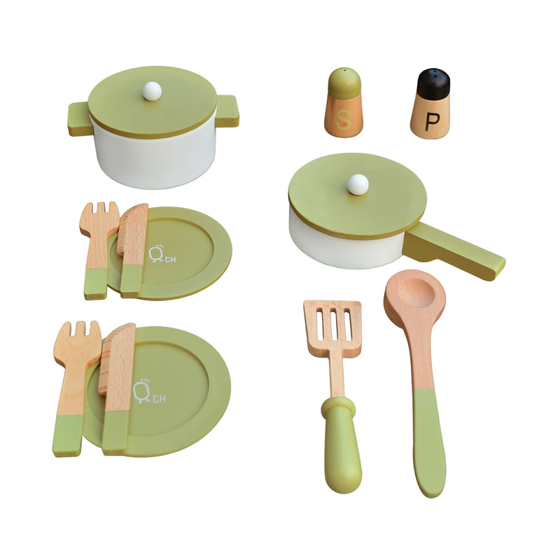 Kids green and white wooden cookware set with pots, lids, and utensil tools