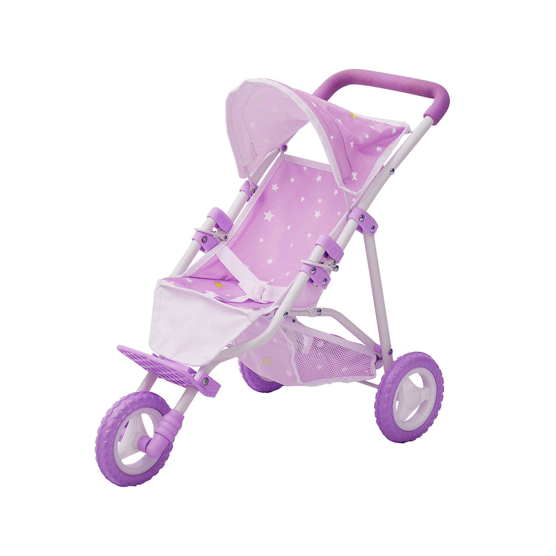 Purple baby doll jogging stroller with canopy, mesh window, and star-patterned fabric