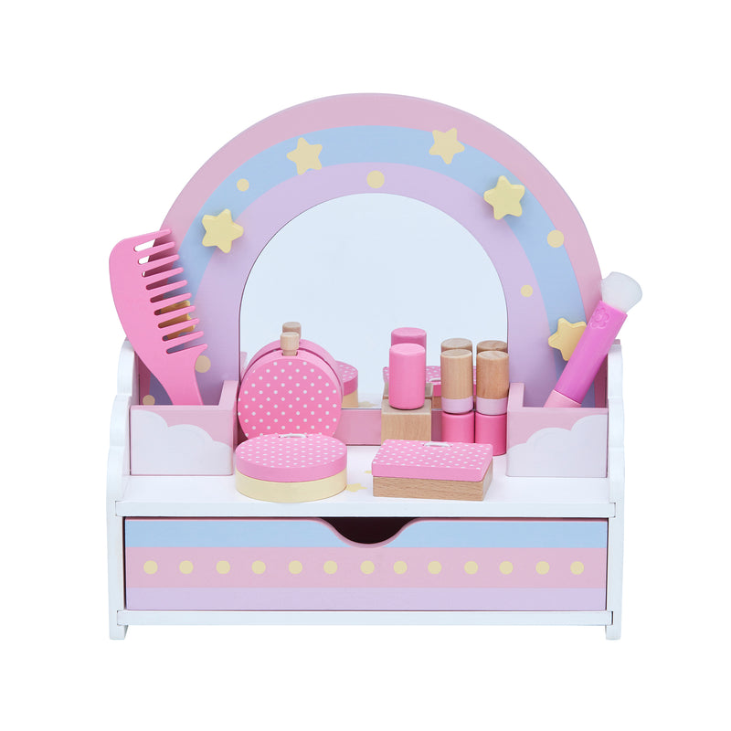 Teamson Kids rainbow tabletop vanity set with arched mirror, stars, pink makeup accessories