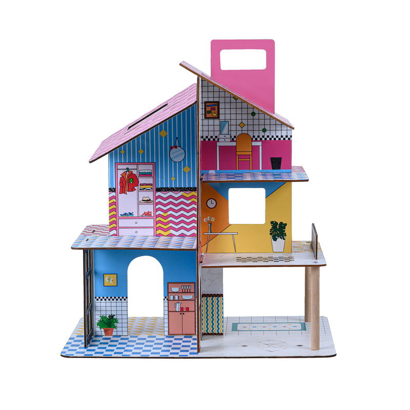 Child's 360 pop-up dollhouse with colorful rooms and movable front panels