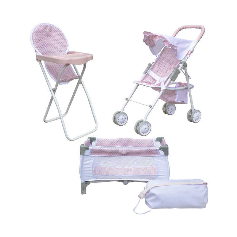 Pink polka-dot doll nursery set: high chair, stroller, and cradle with canopy