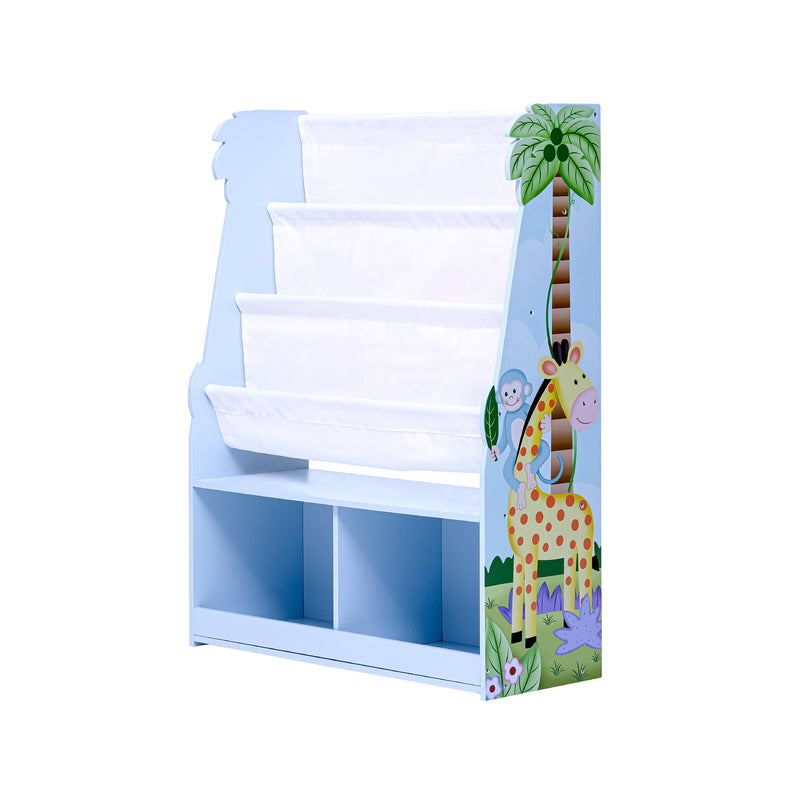 Child's wooden book rack in light blue with jungle animal side panel