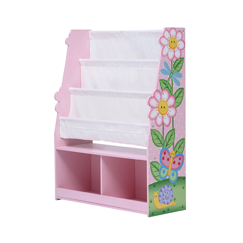 Children's wooden book rack with pink, flower and butterfly garden side panel, two shelves