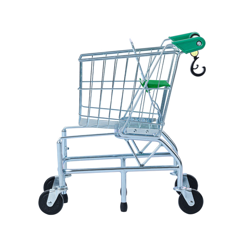 Kids shopping cart with green handle and wire basket, four caster wheels
