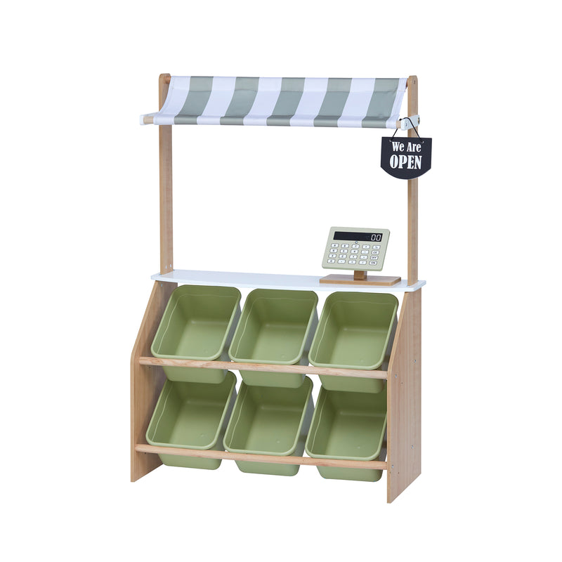 Kids market play stand with striped canopy, open sign, toy register, and olive-green storage bins