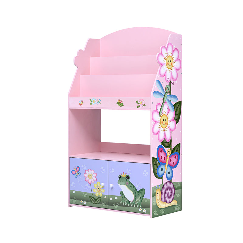 Pink 3-tier wooden bookshelf with open shelves and garden animal and flower decals