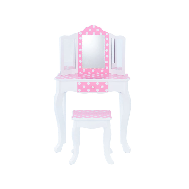 Kids vanity set with LED mirror, pink polka dots on white table and stool