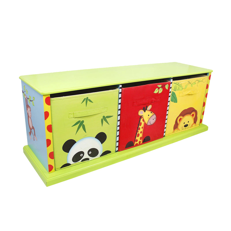 Kids three-drawer cubby with lime green frame and jungle animal front panels