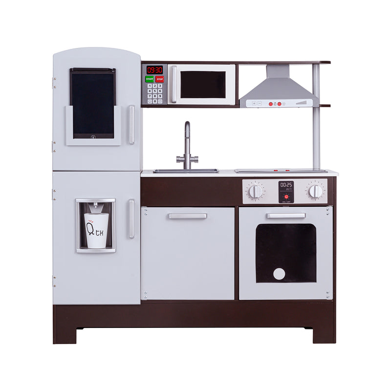 Espresso and white kids retro play kitchen with microwave, oven, and sink
