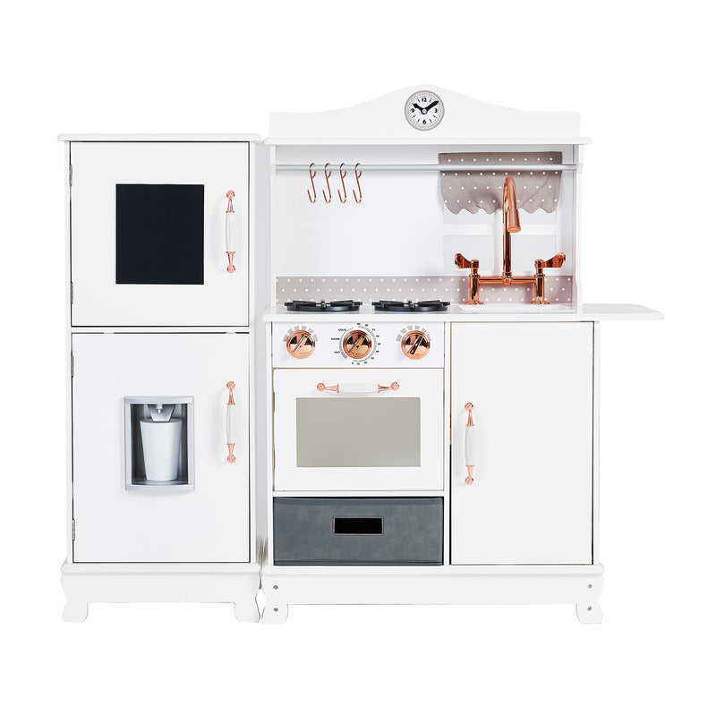 White kids retro play kitchen with stove, oven door, sink faucet, and hanging cookware rack