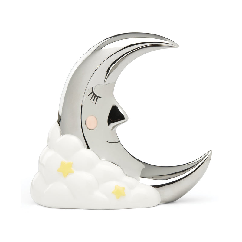 Reed & Barton Sweet Dreams moon and cloud coin bank, silver moon with gold stars