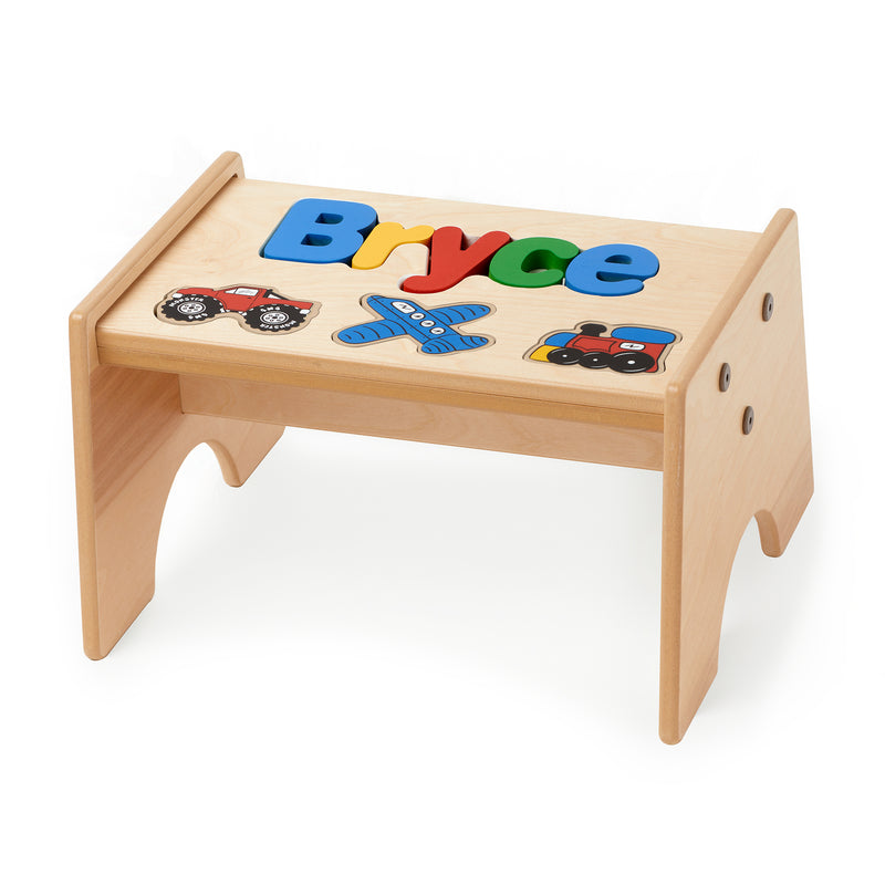 Transportation-themed puzzle stool with personalized name letters and vehicle decals