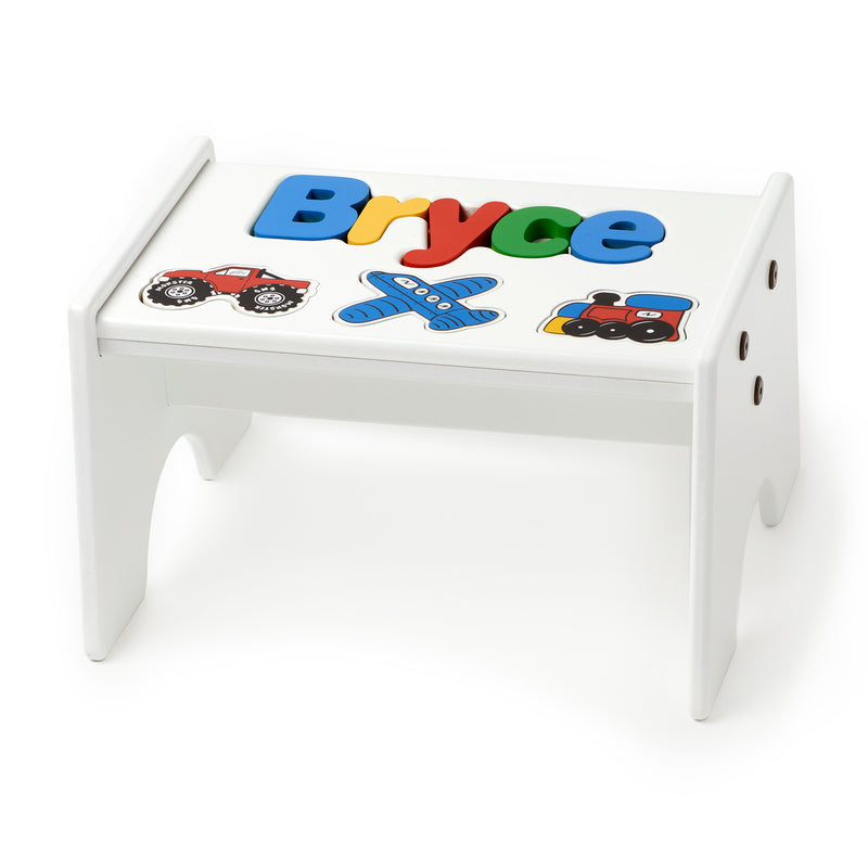 White kids puzzle stool with transportation graphic and personalized name Bryce