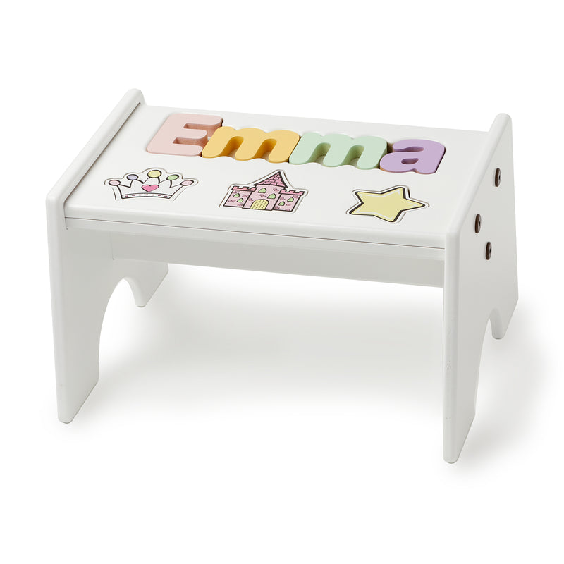 White kids puzzle stool with pastel name letters, princess crown and star decals
