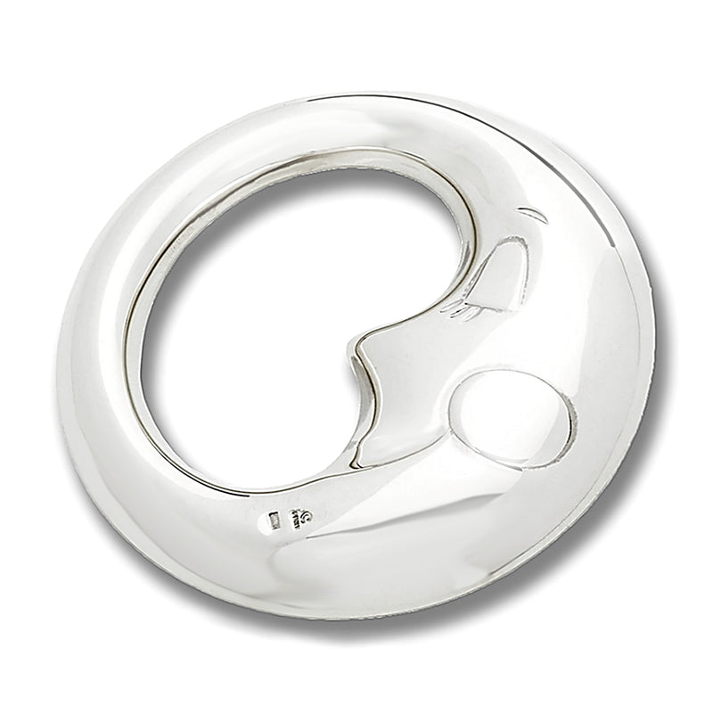 Cunill sterling silver crescent moon baby rattle, raised moon with small charm