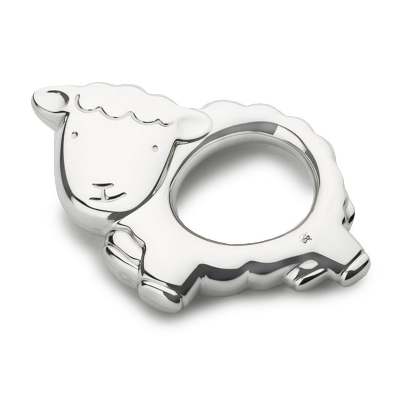 Sterling silver sheep baby rattle with circular ring handle