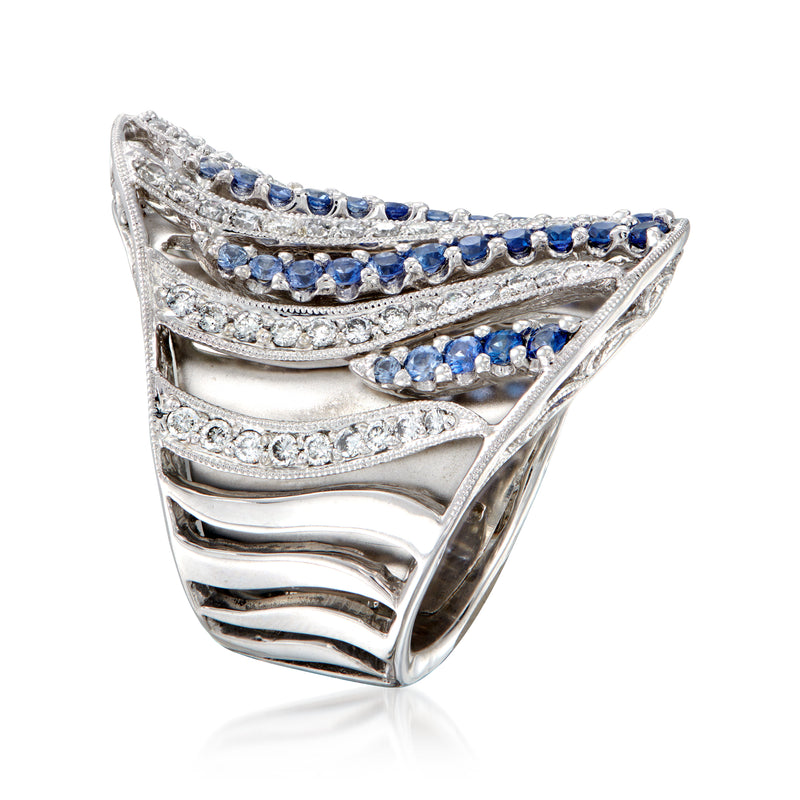 Sterling silver-looking striped cocktail ring with blue sapphire rows and diamond details