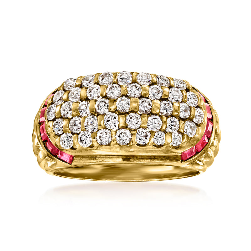 Vintage 18kt yellow gold ring with diamond cluster and ruby side stones