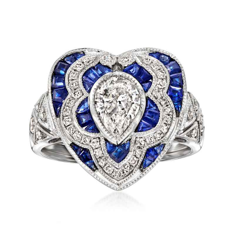Heart-shaped sapphire and diamond ring in 14kt white gold with blue side stones