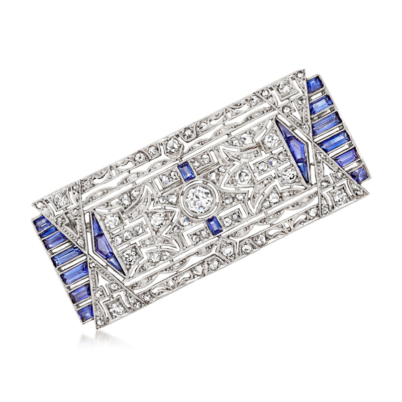 Rectangular sapphire and diamond pin in silver-toned metal with blue stones