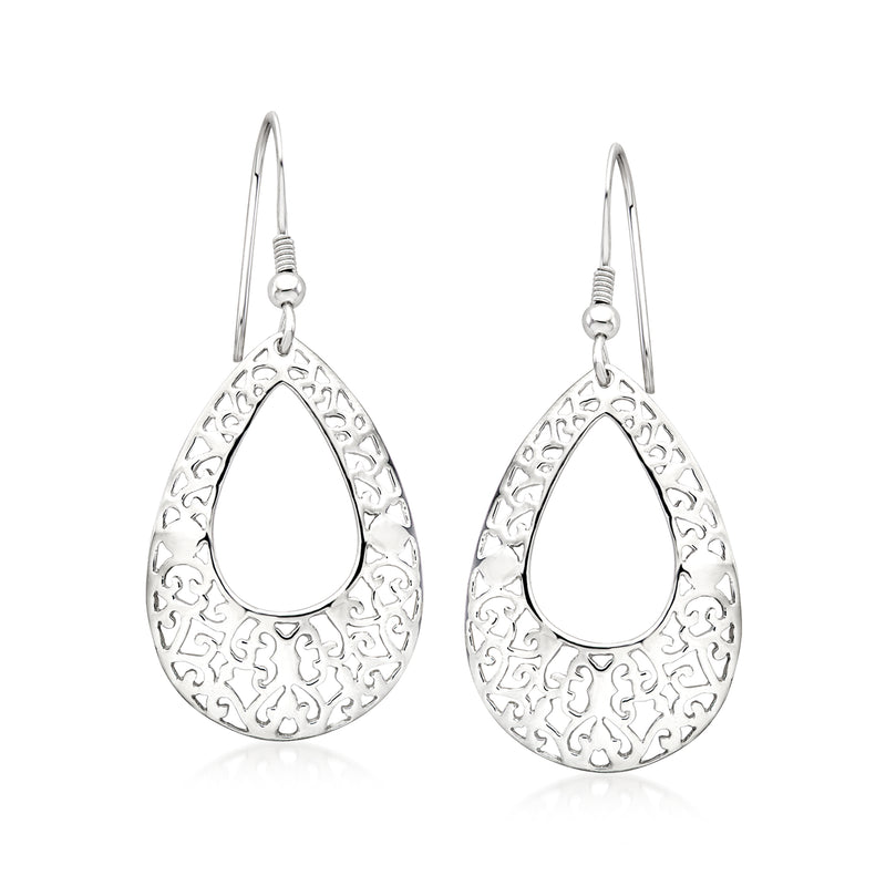 Silver openwork teardrop filigree earrings with French earwire hooks