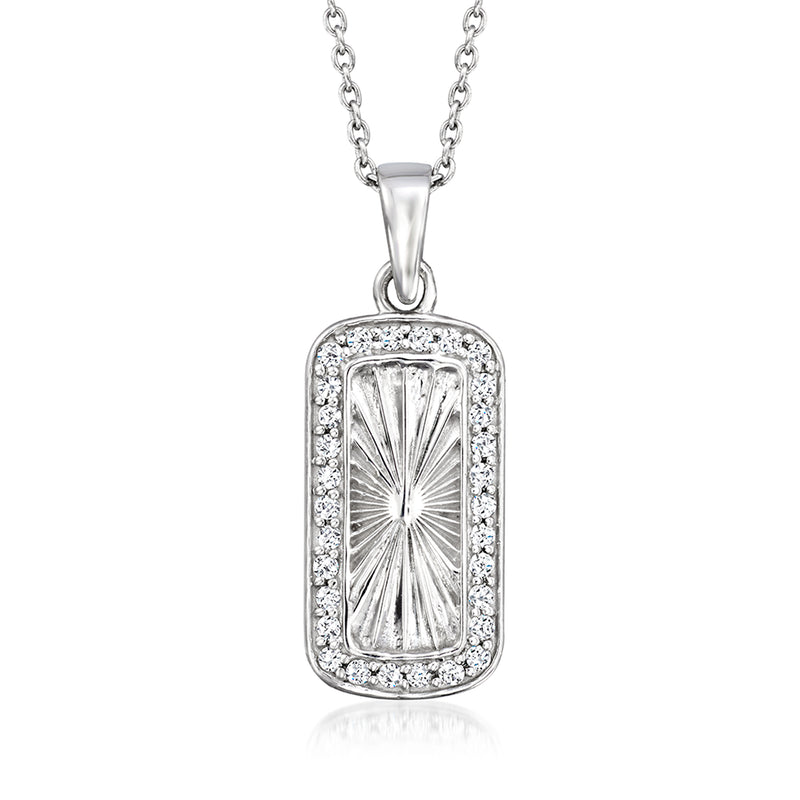 Sterling silver sunburst diamond pendant necklace with rectangular frame and prong-set stones