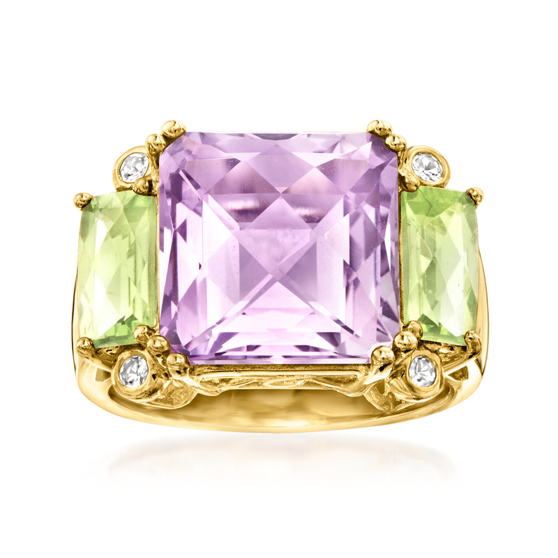 Gold-tone ring with large square amethyst center, green peridot sides, white topaz accents