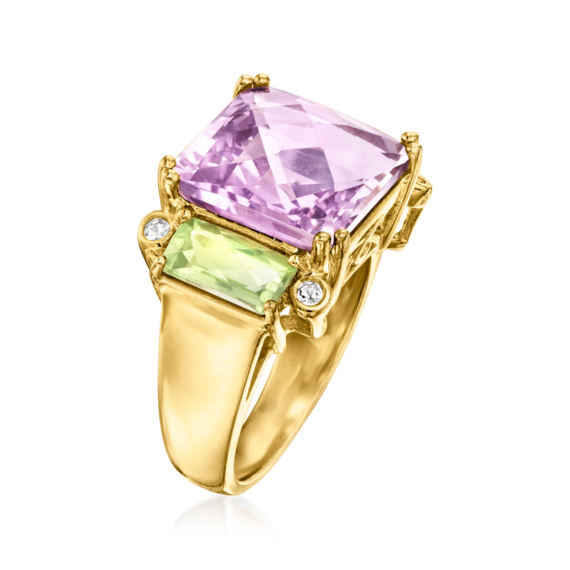 Gold-tone square-cut amethyst ring with green peridot side stones and white topaz corners