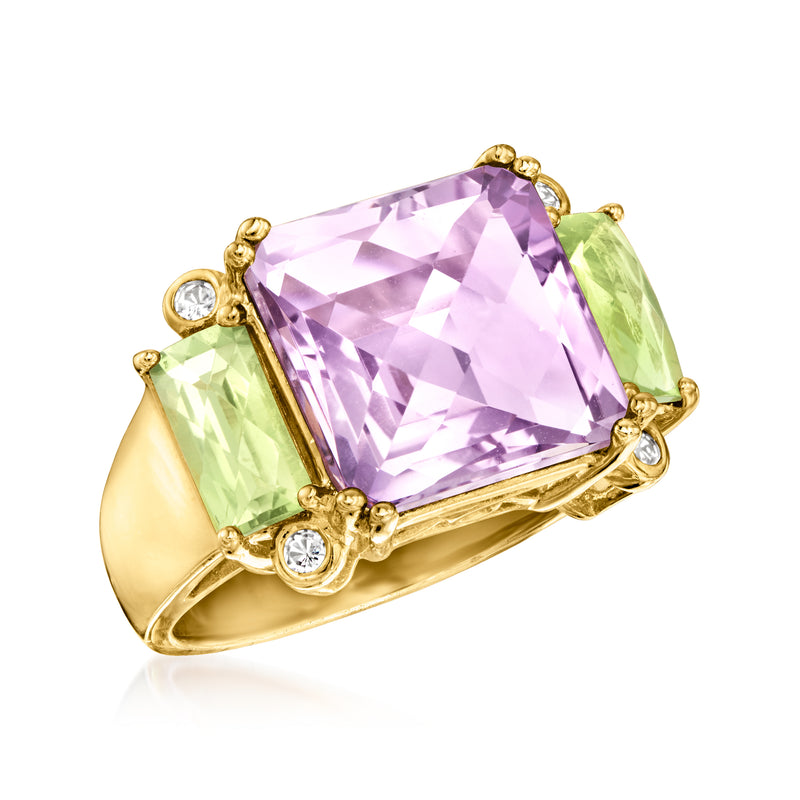 Gold-tone ring with square amethyst center stone, green peridot side stones, white topaz