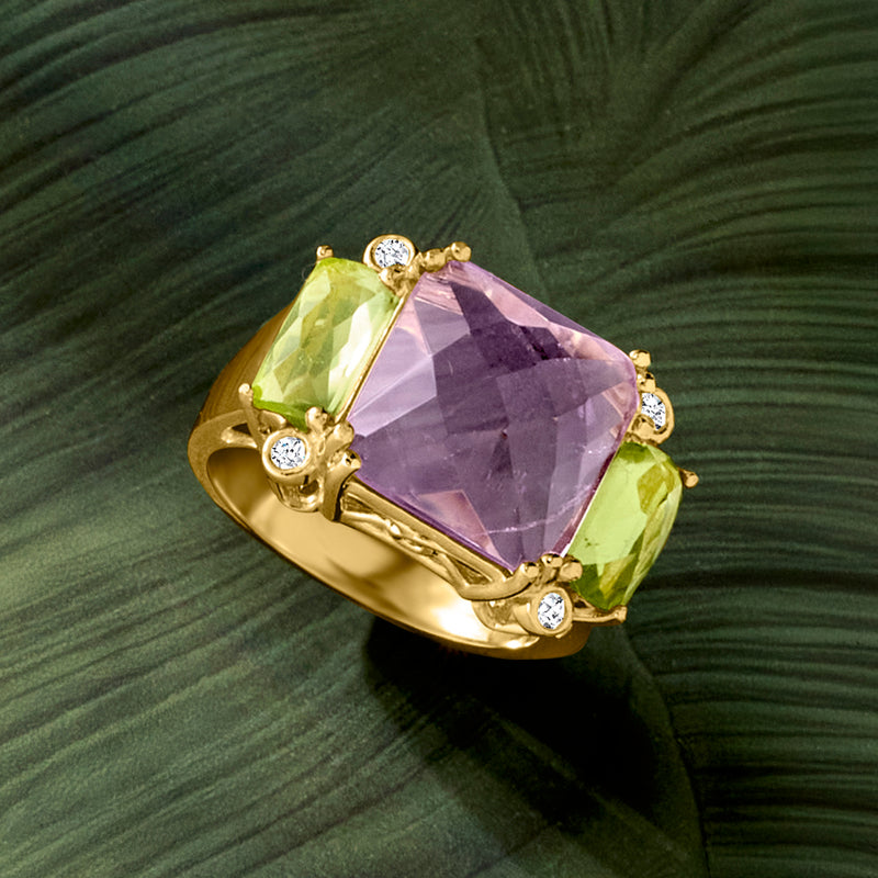 Gold-tone ring featuring square amethyst center with green peridot sides and white topaz