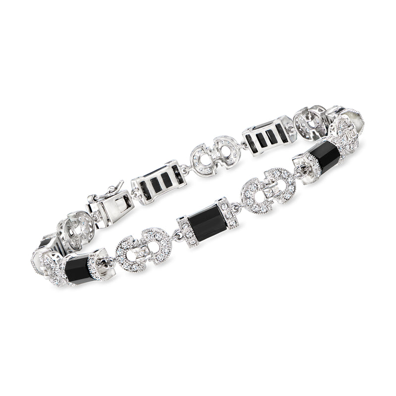 Sterling silver tennis bracelet with dark square stones and round clear accents