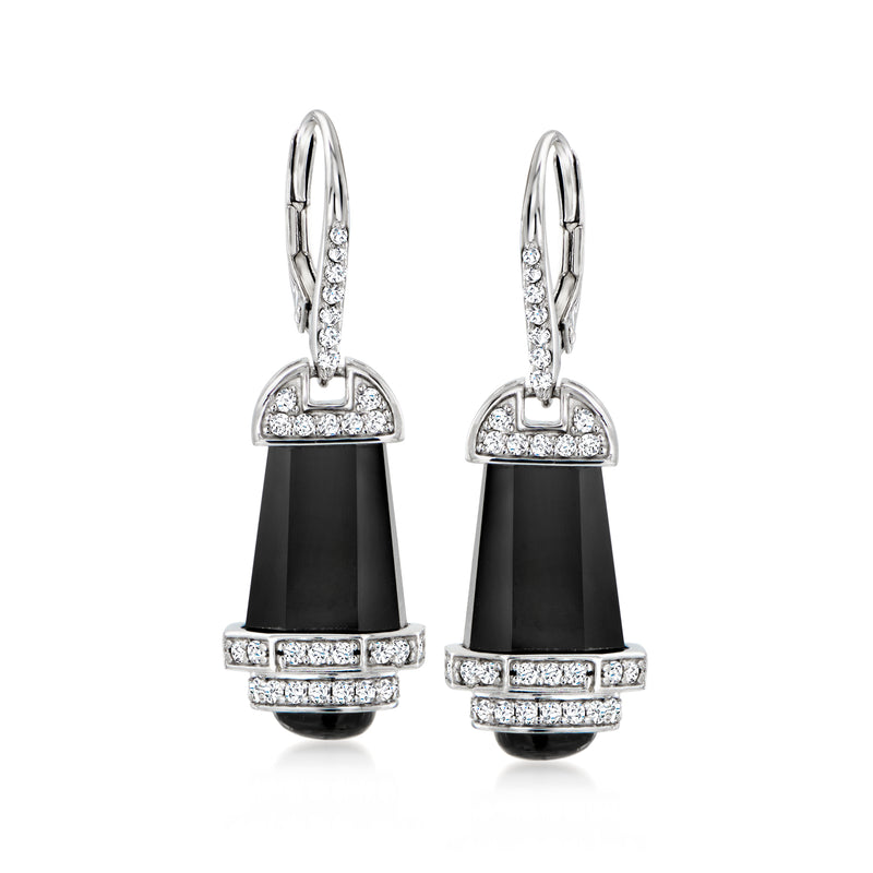 Sterling silver leverback drop earrings with black agate and white topaz-style stones