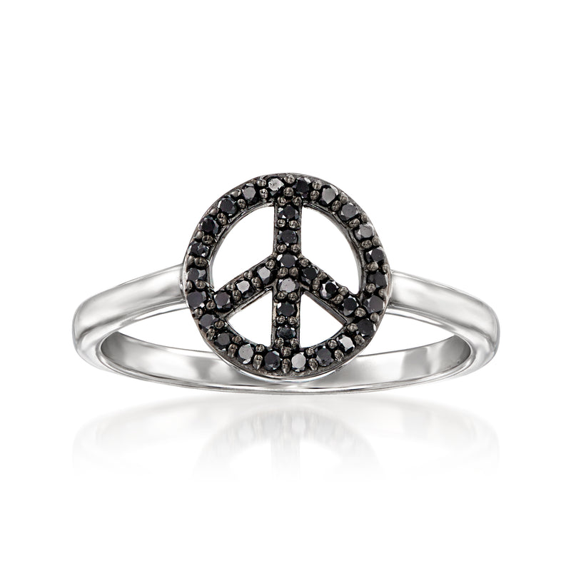 Sterling silver peace sign ring with black diamond halo accents