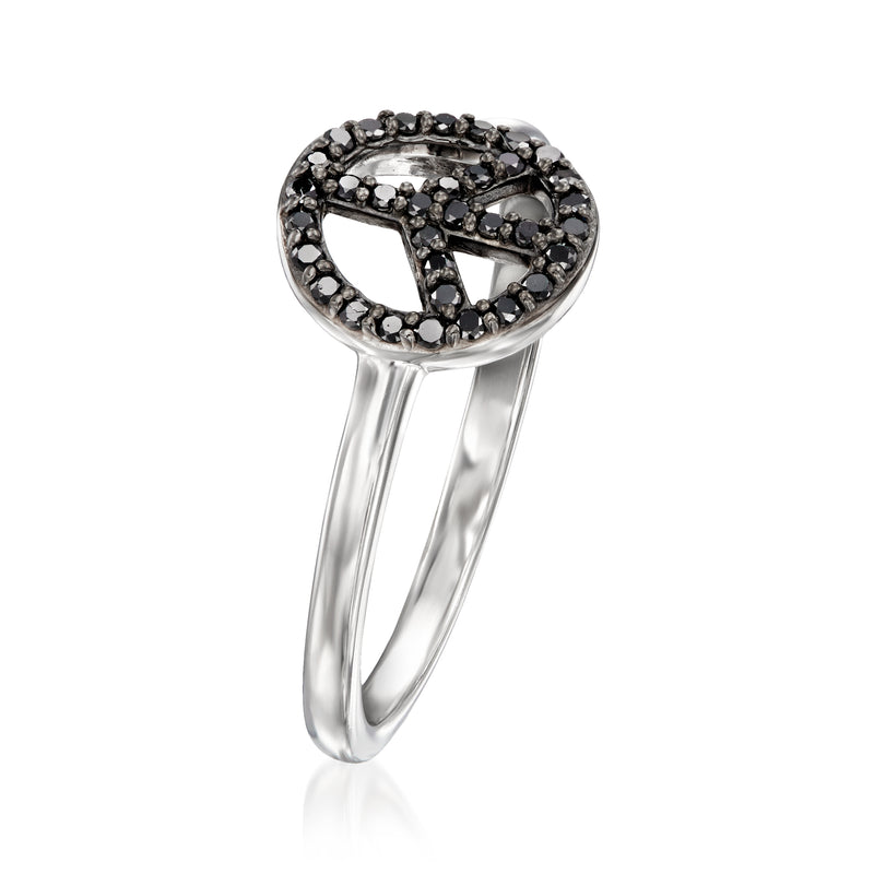 Sterling silver peace sign ring with black diamonds
