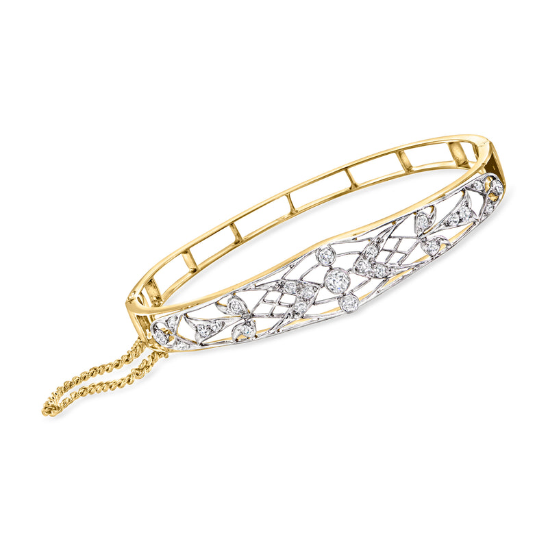 Diamond filigree bangle bracelet in yellow gold with platinum-toned settings and gold chain