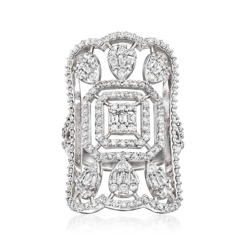 Vintage openwork diamond ring in 14kt white gold with square center and pear-shaped accents