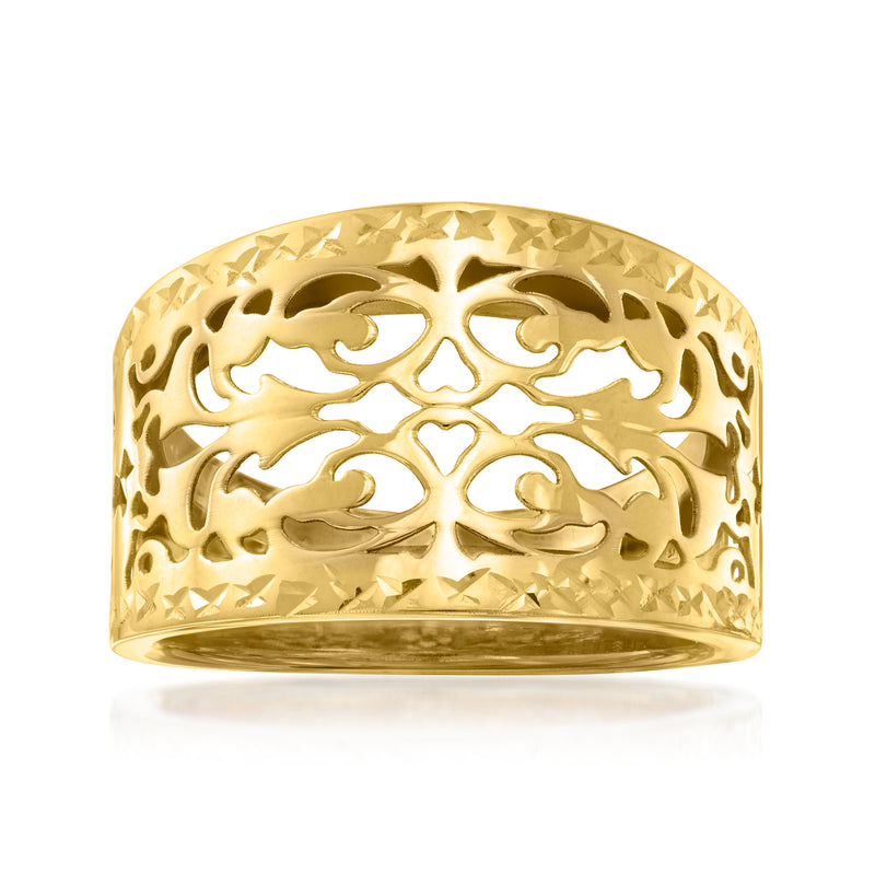 14kt yellow gold openwork dome ring with intricate cutout scroll pattern