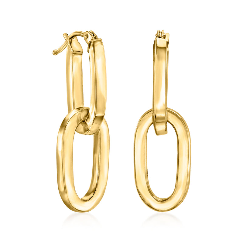 Yellow gold hoop earrings with removable paper-clip link drop, oval profile