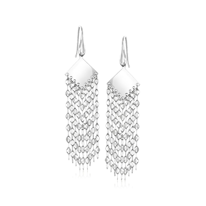 Sterling silver mirror-link chandelier earrings with dangling chain fringe and earwire