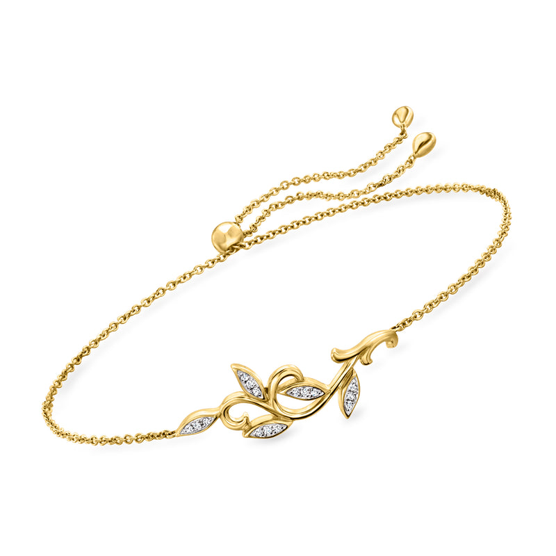 14kt yellow gold bolo bracelet with leaf motif and diamond accents