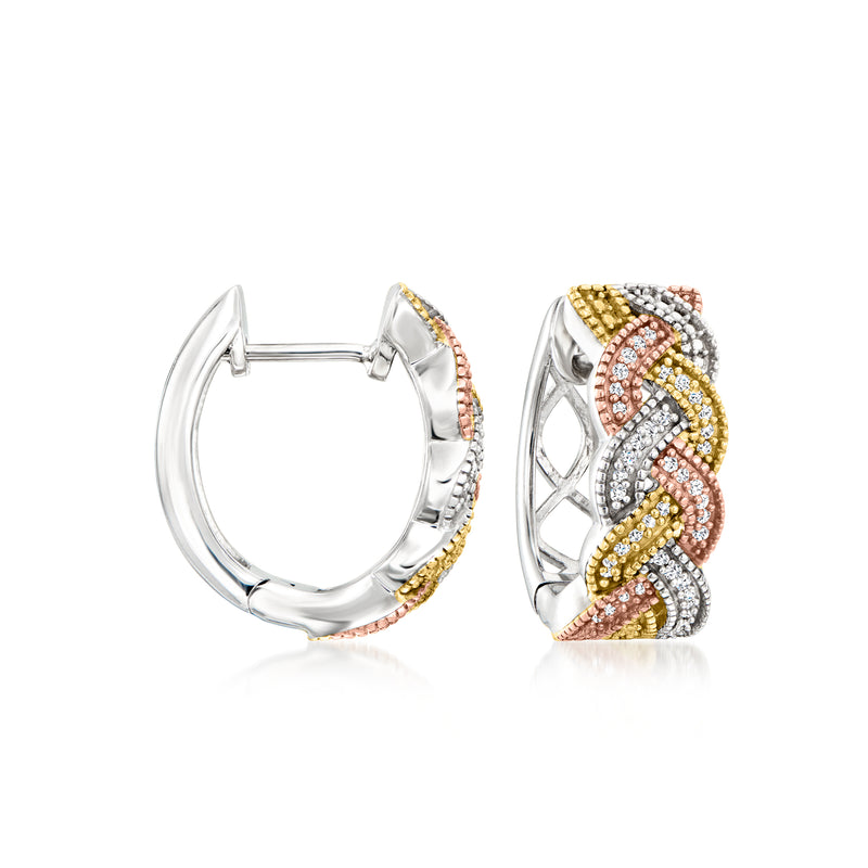 Tri-colored braided hoop earrings with multicolor diamond accents on sterling silver posts
